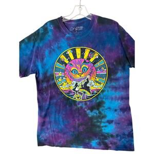 Liquid Blue Tie Dye T-shirt Alice in Wonderland Cat Print Size Large Unisex